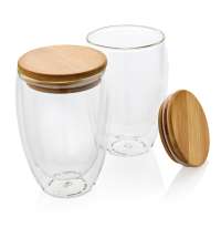 Набор стаканов из боросиликатного стекла с двойными стенками и бамбуковой крышкой, 350 мл