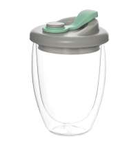 Стакан стеклянный Lotos с двойными стенками и крышкой, бирюзовый