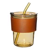 Стакан стеклянный с трубочкой и капхолдером Karamel, золотой
