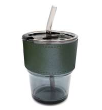 Стакан стеклянный с трубочкой и капхолдером Karamel, зелёный