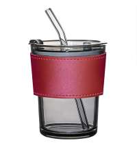 Стакан стеклянный с трубочкой и капхолдером Karamel, бордовый