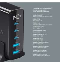 Зарядная станция 3xUSB Type-C, 2xUSB, PD, QC, 140Вт